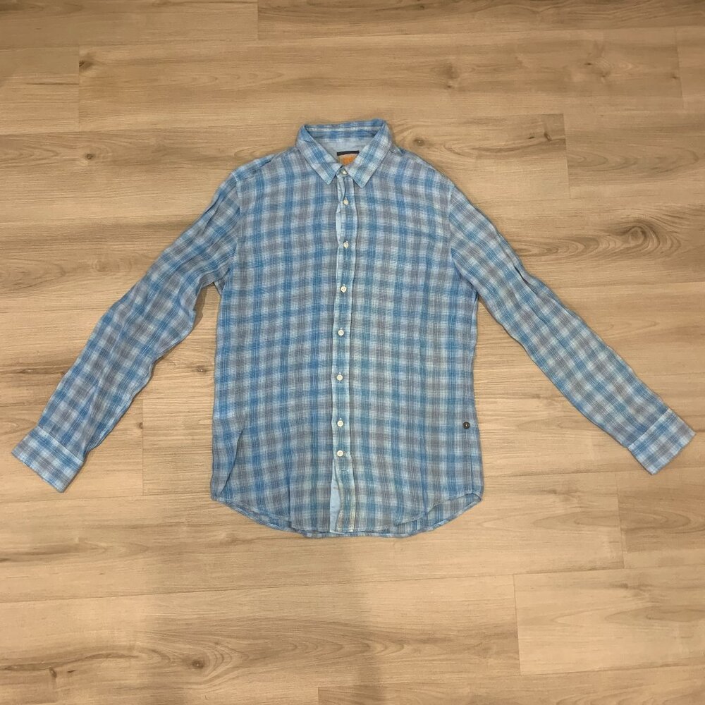 Hugo Boss Orange Men's button down casual dress shirt light blue plaid size L